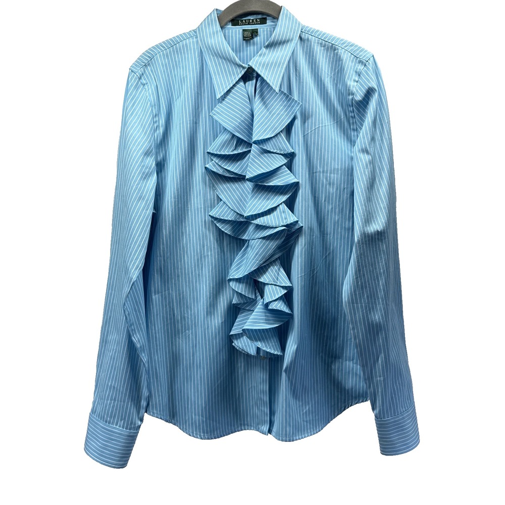 Lauren Ralph Lauren Women's Top Blouse Size L Blue White Strip Ruffle Button Up